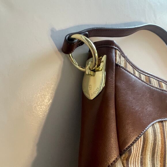 Etienne Aigner Brown Striped Bag Womens Leather Trim Handbag Purse - Picture 5 of 14